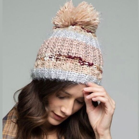 Multi Color Soft Plush Winter Beanie with Pom Pom - Blush Pink, Blue and Ivory - Picture 4 of 5